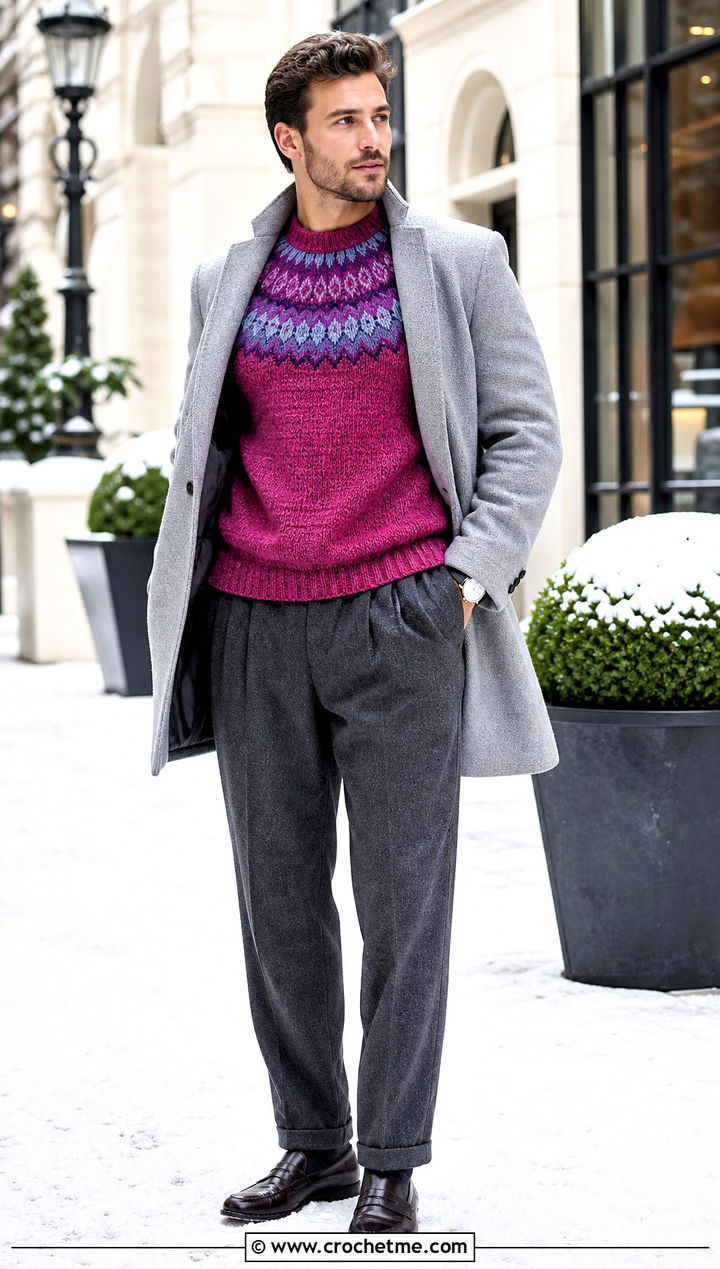 Circular Yoke Crochet Jumper With Flannel Trousers - 25 mens crochet jumper outfit ideas