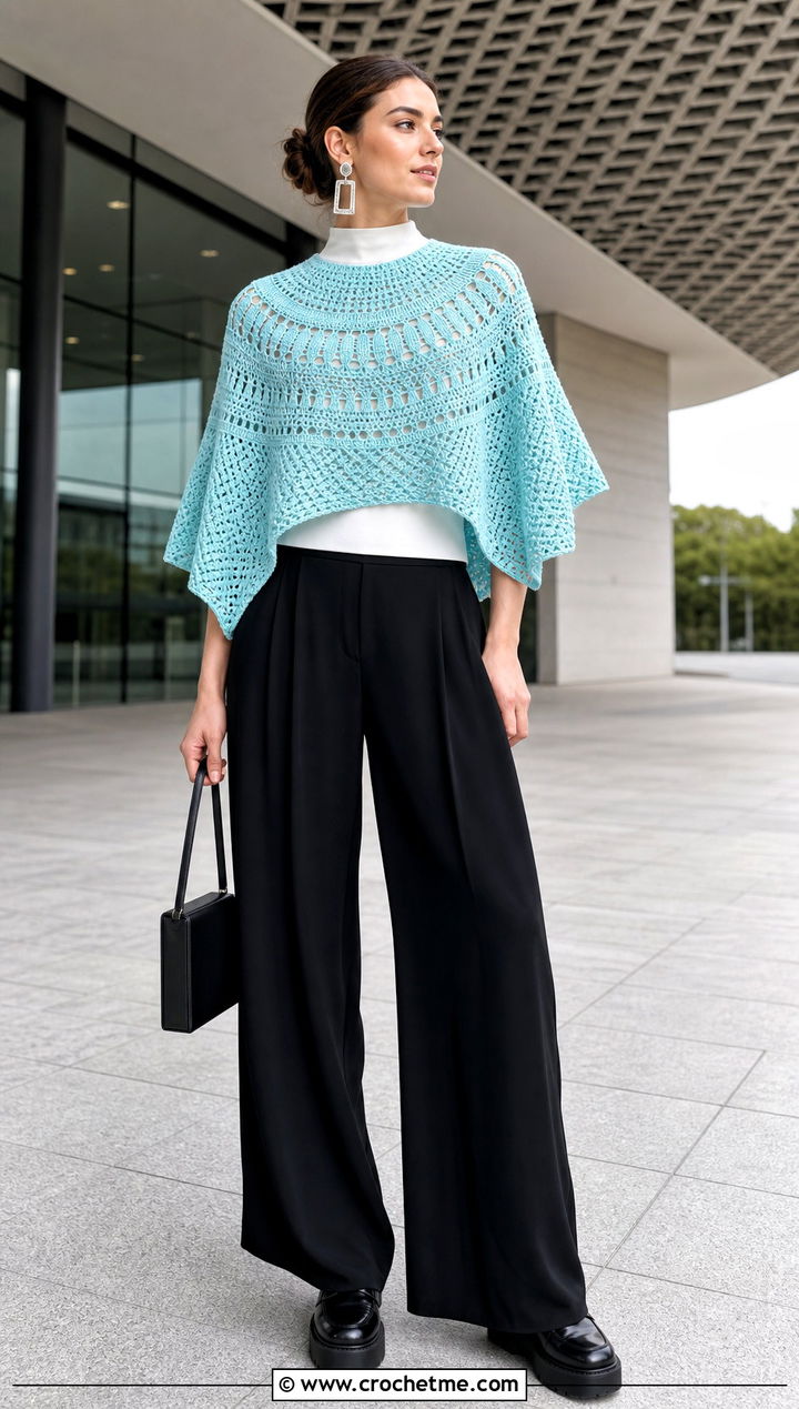 Circular Yoke Crochet Poncho With Wide Leg Trousers - 20 crochet lightweight poncho outfit ideas