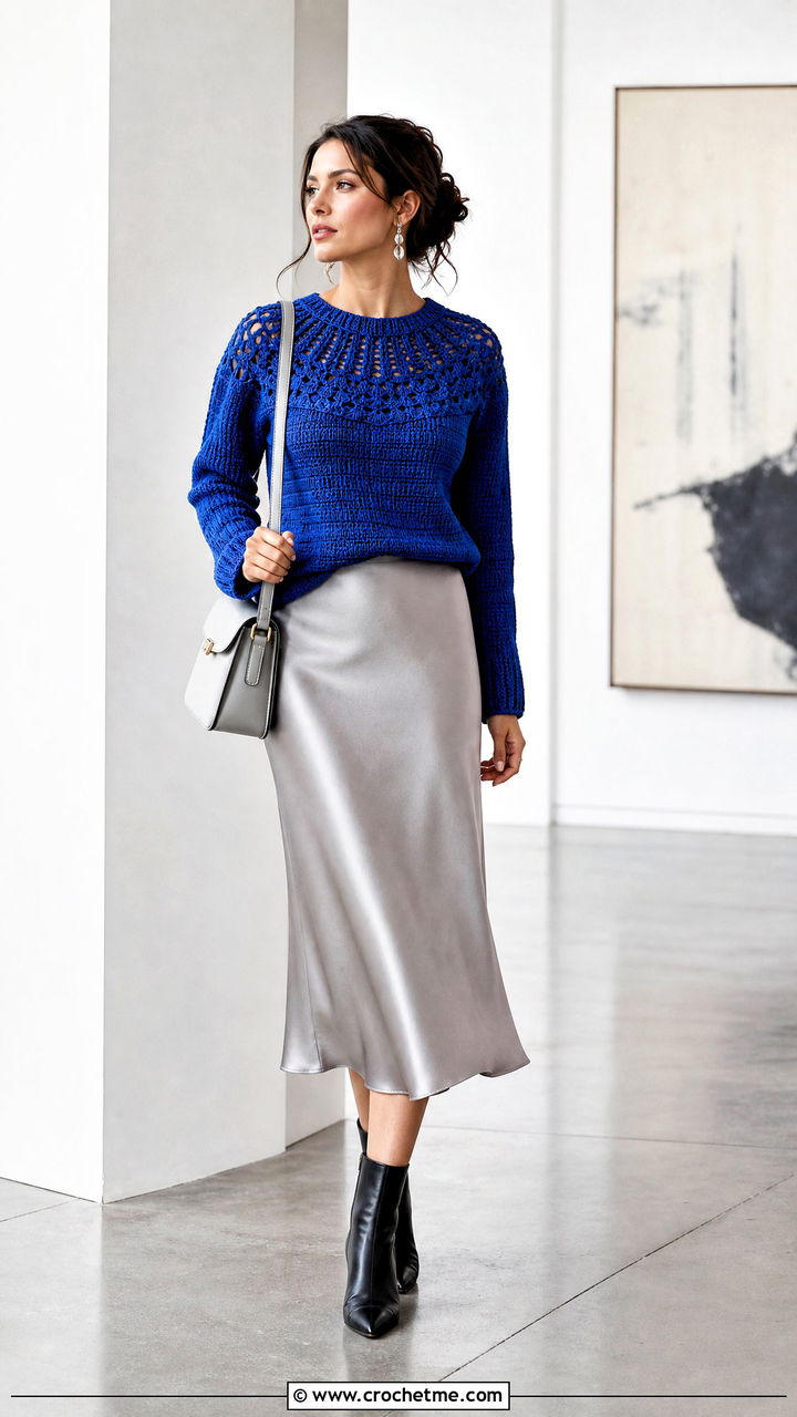 Circular Yoke Crochet Sweater With Satin Midi Skirt - 35 top down crochet sweater outfit ideas