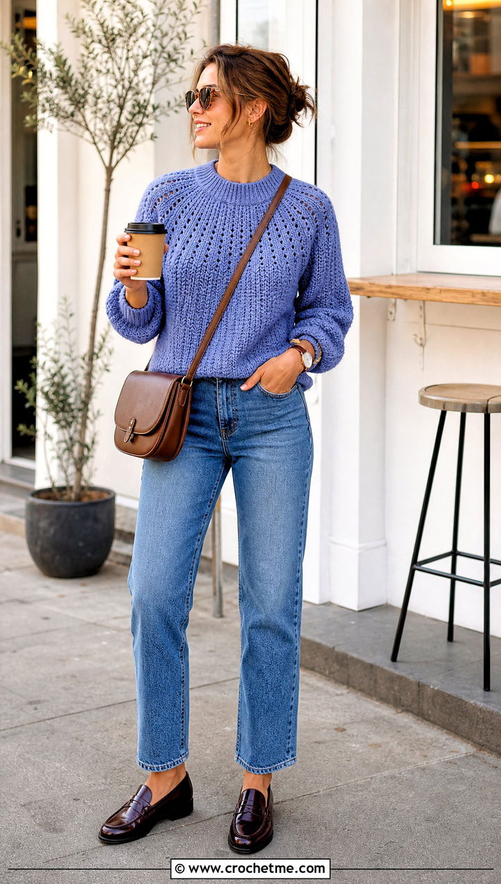 Circular Yoke Crochet Sweater With Straight Leg Jeans - 25 Circle Crochet Sweater outfit ideas