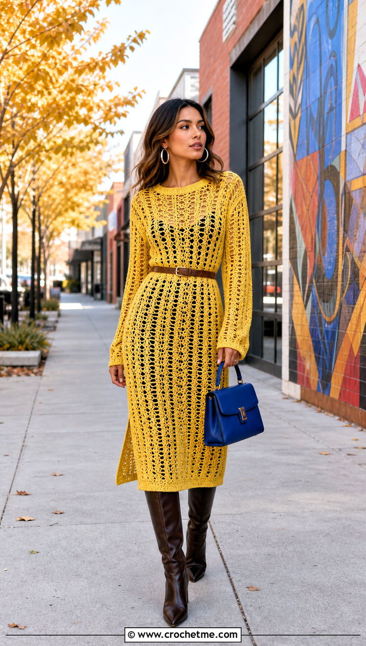 Citron Crochet Sweater Dress With Tall Boots - 30 Crochet Yellow Sweater outfit ideas