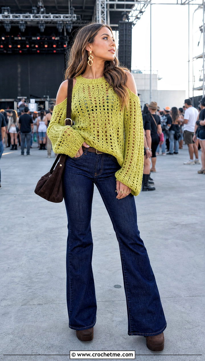 Citron Green Cold Shoulder Crochet Jumper With Flared Jeans - 30 green crochet jumper outfit ideas