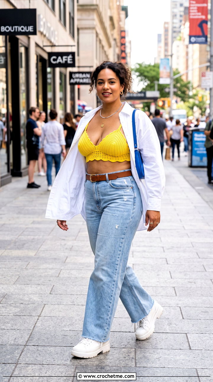 Clam Shell Bra With Wide Leg Jeans - 30 crochet shell bra outfit ideas