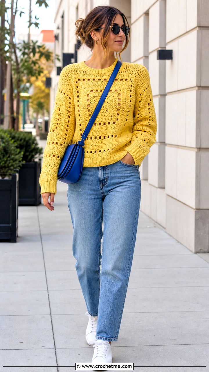 Classic Big Granny Square Pullover With Straight Leg Jeans - 35 big granny square sweater outfit ideas