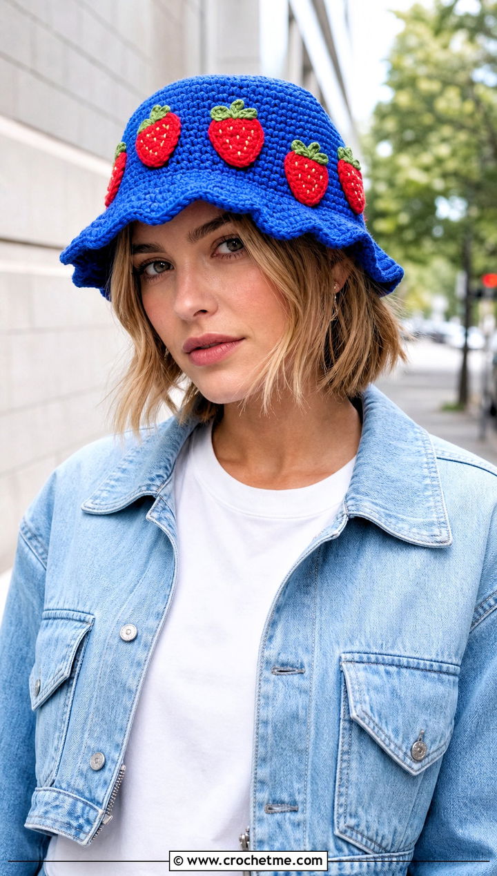 Classic Brimmed Crochet Strawberry Shortcake Hat With Jeans - 30 crochet strawberry shortcake hat outfit ideas