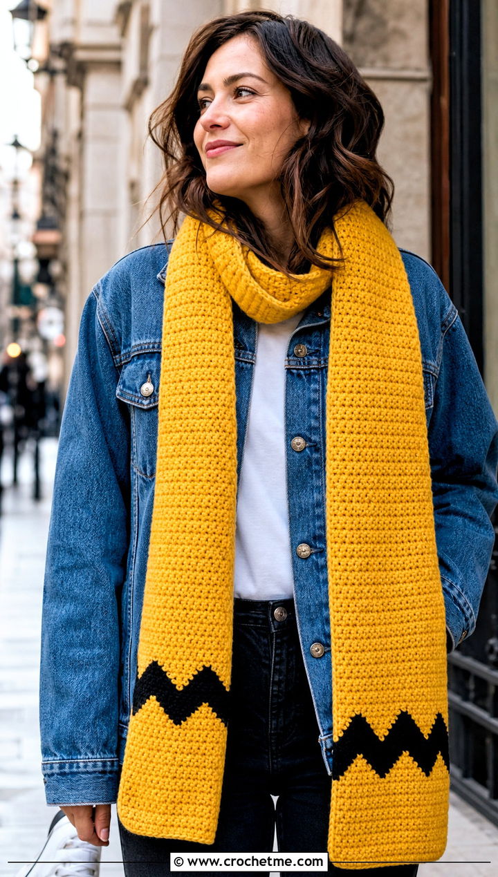 Classic Charlie Brown Scarf With Denim Jacket - 15 Crochet Charlie Brown Scarf outfit ideas