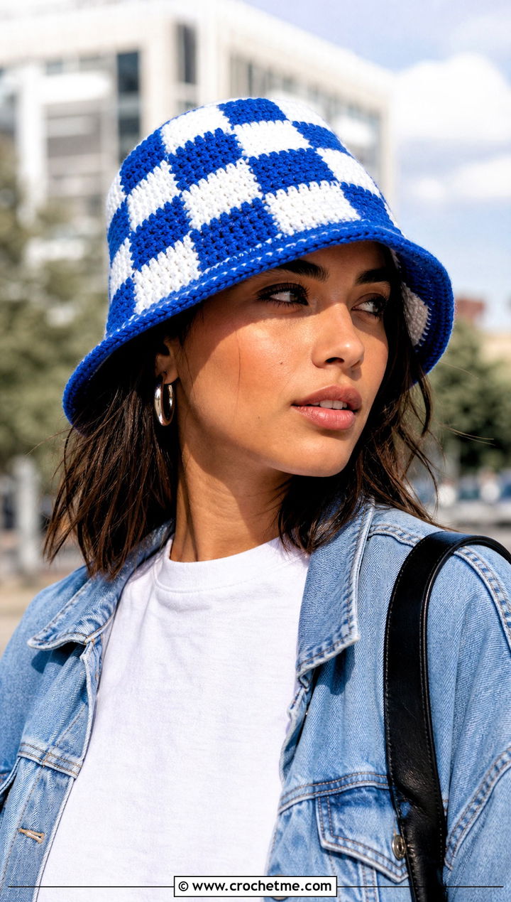 Classic Checkerboard Crochet Bucket Hat With White Tee And Jeans - 20 checkerboard crochet bucket hat outfit ideas