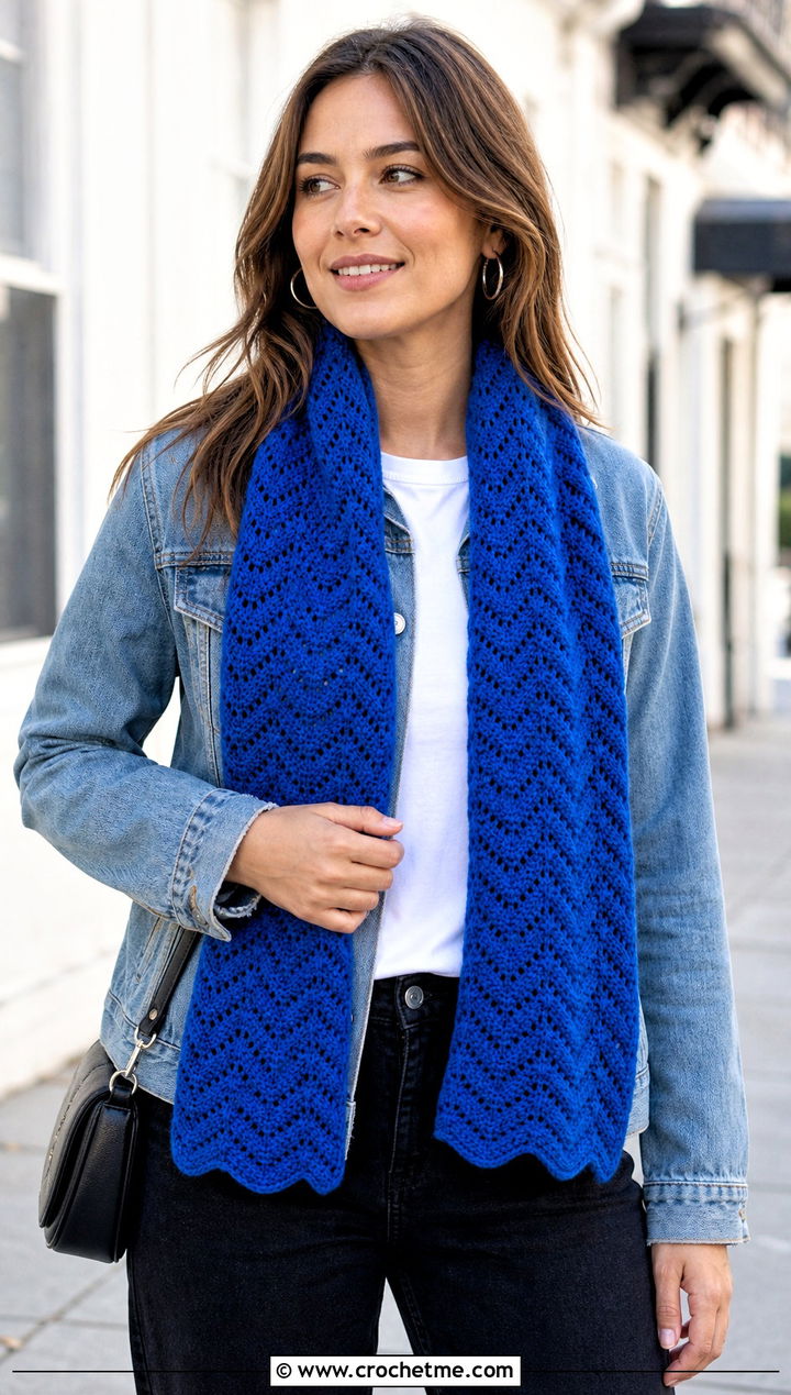 Classic Chevron Ripple Stitch Crochet Scarf With Denim Jacket - 15 ripple stitch crochet scarf outfit ideas