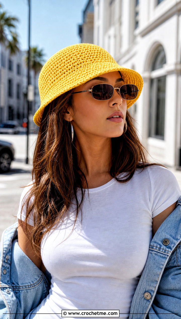 Classic Cotton Crochet Bucket Hat With White Tee And Denim Shorts - 30 summer crochet bucket hat outfit ideas