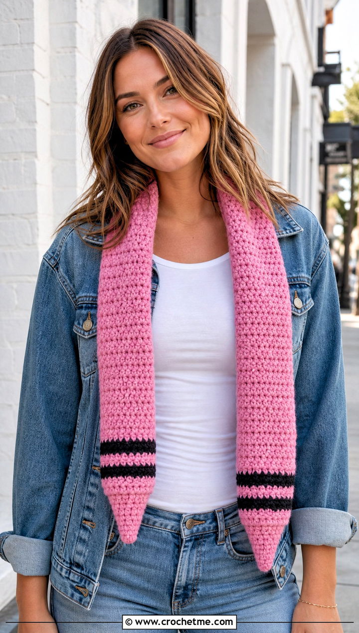 Classic Crayon Shaped Crochet Scarf With Denim Jacket - 15 Crochet Crayon Scarf outfit ideas