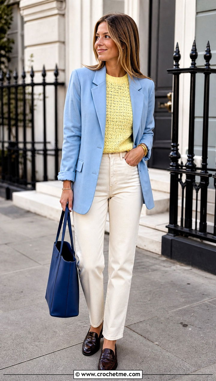 Classic Crew Neck Crochet Sweater With Blazer And Jeans - 15 crochet round sweater outfit ideas