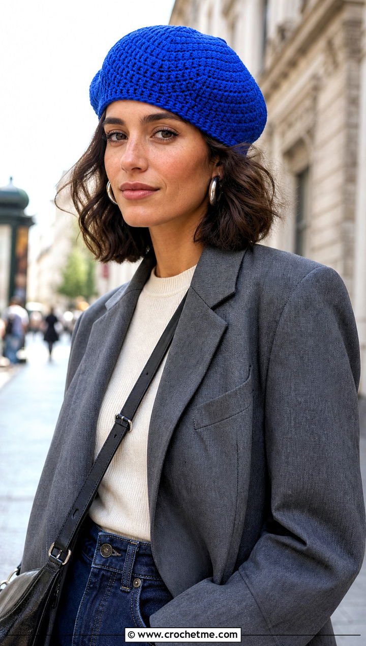 Classic Crochet Beret With Blazer And Jeans - 30 Crochet Womens Hat outfit ideas