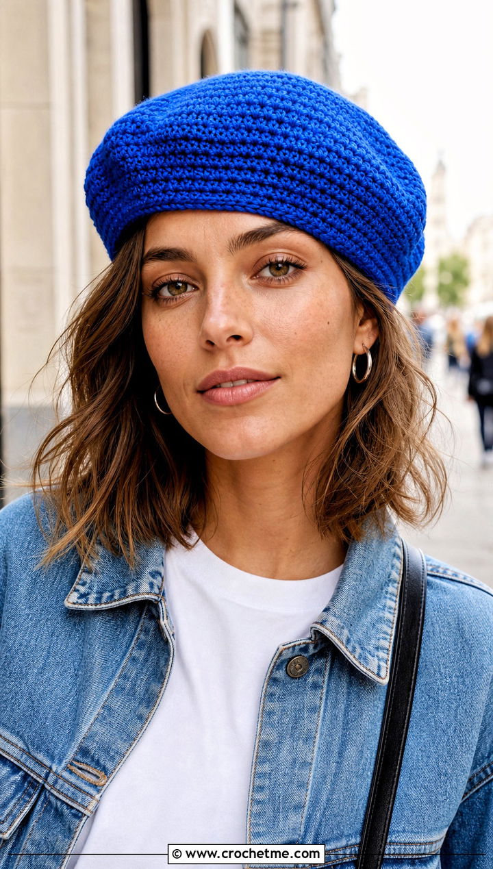 Classic Crochet Beret With Denim Jacket - 20 crochet beret hat outfit ideas