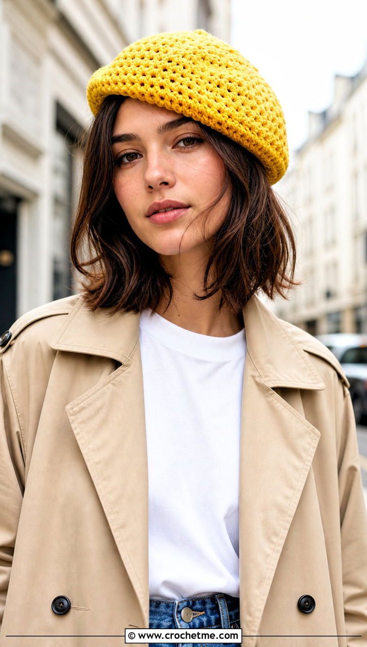 Classic Crochet Beret With Trench Coat And Jeans - 30 crochet berets outfit ideas