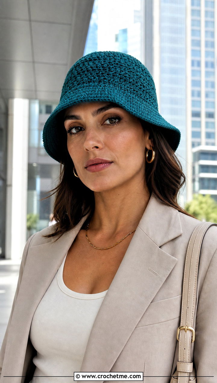 Classic Crochet Bucket Hat With Blazer And Trousers - 30 beginner crochet hat outfit ideas