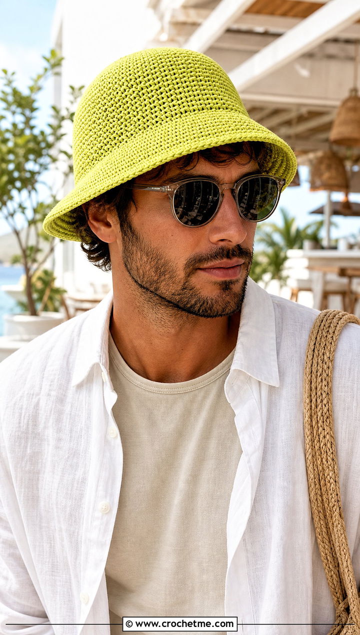 Classic Crochet Bucket Hat With Linen Shirt - 25 crochet hat ideas for men