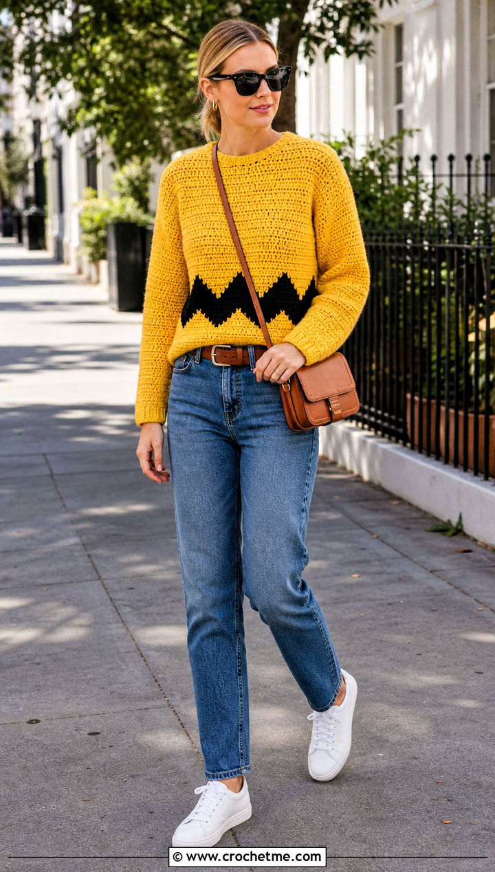 Classic Crochet Charlie Brown Crewneck With Straight Leg Jeans - 15 Crochet Charlie Brown Sweater outfit ideas