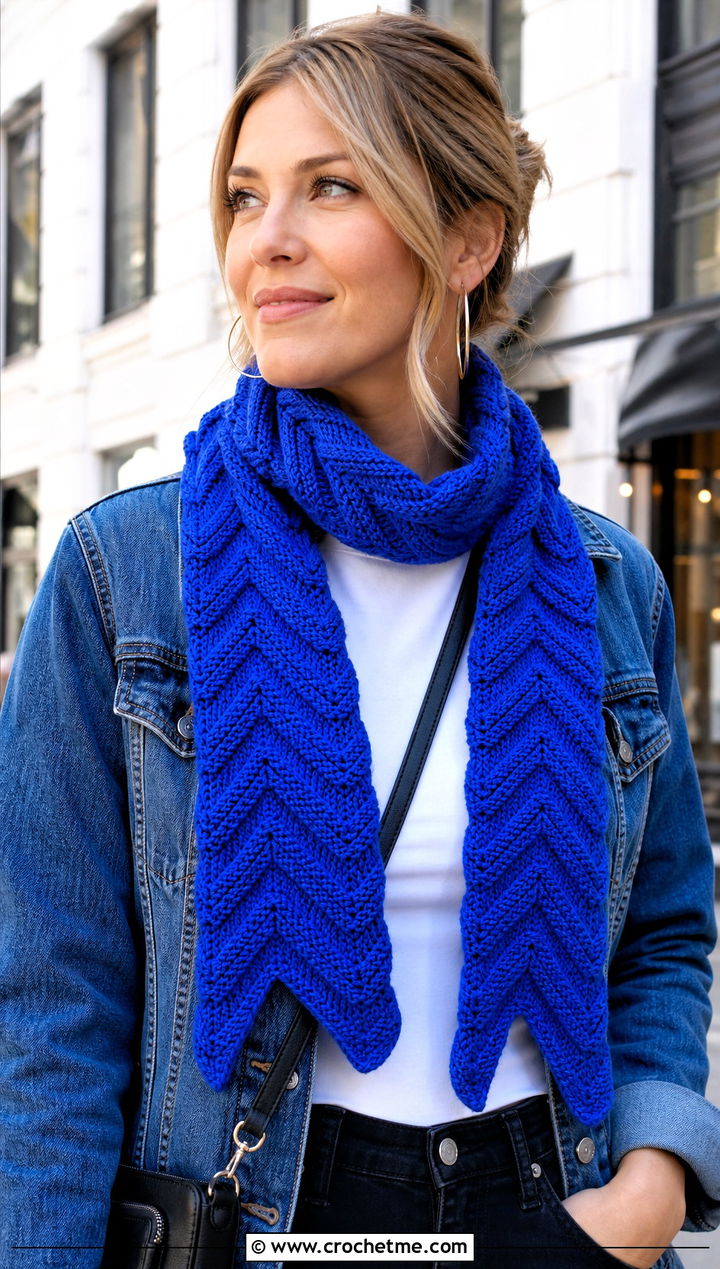 Classic Crochet Chevron Ripple Scarf With Denim Jacket - 20 Crochet Zig Zag Scarf outfit ideas