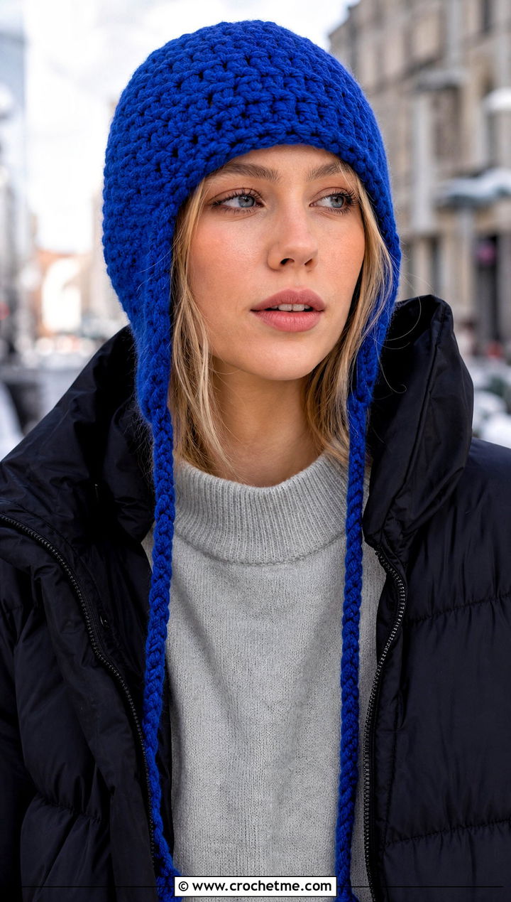 Classic Crochet Ear Flap Hat With Puffer Jacket - 25 crochet ear flap hat outfit ideas