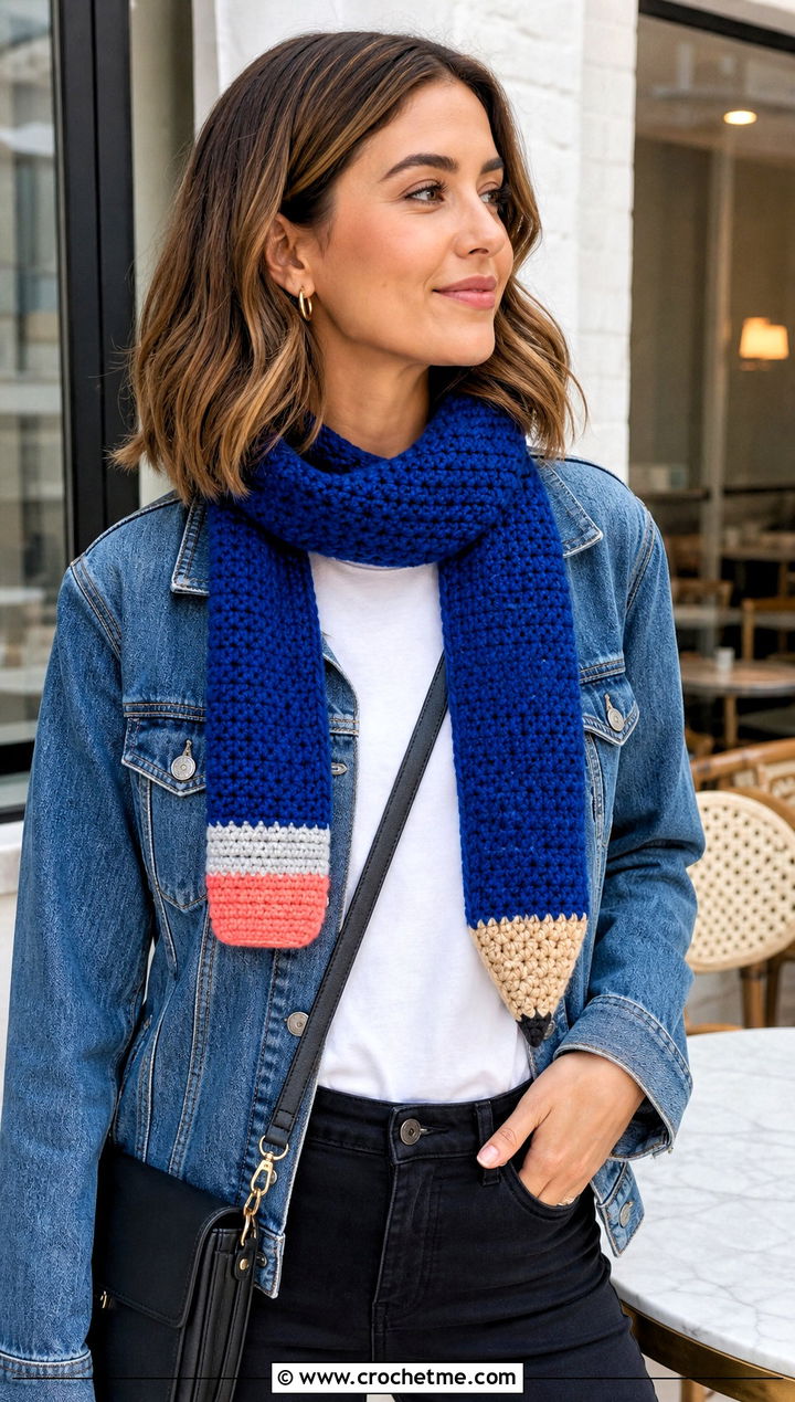 Classic Crochet Pencil Scarf With Denim Jacket - 25 Crochet Pencil Scarf outfit ideas