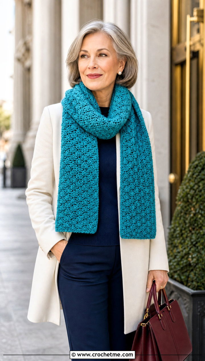 Classic Crochet Star Stitch Scarf With Elegant Coat And Trousers - 25 Crochet Star Stitch Scarf outfit ideas