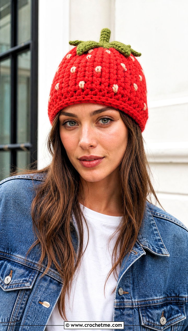 Classic Crochet Strawberry Beanie With Jeans - 30 crochet strawberry hat outfit ideas
