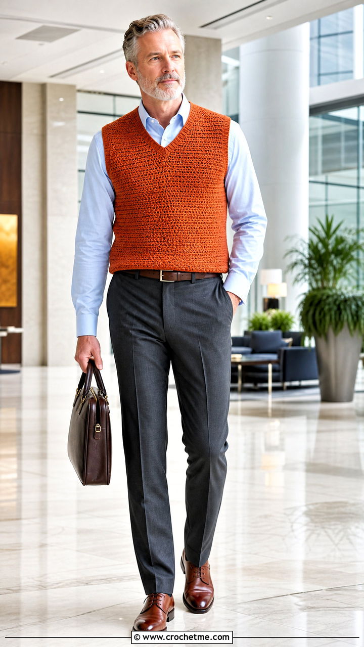 Classic Crochet Sweater Vest With Suit Trousers And Derbies - 35 crochet vest for men outfit ideas