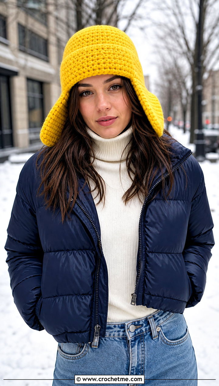 Classic Crochet Ushanka With Puffer Jacket - 35 crochet russian hat outfit ideas