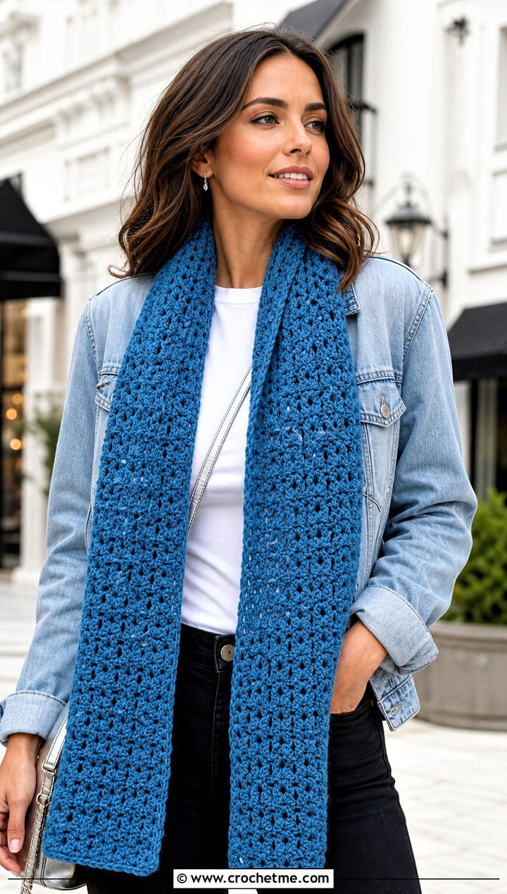 Classic Crochet V Stitch Scarf With Denim Jacket - 30 crochet v stitch scarf outfit ideas