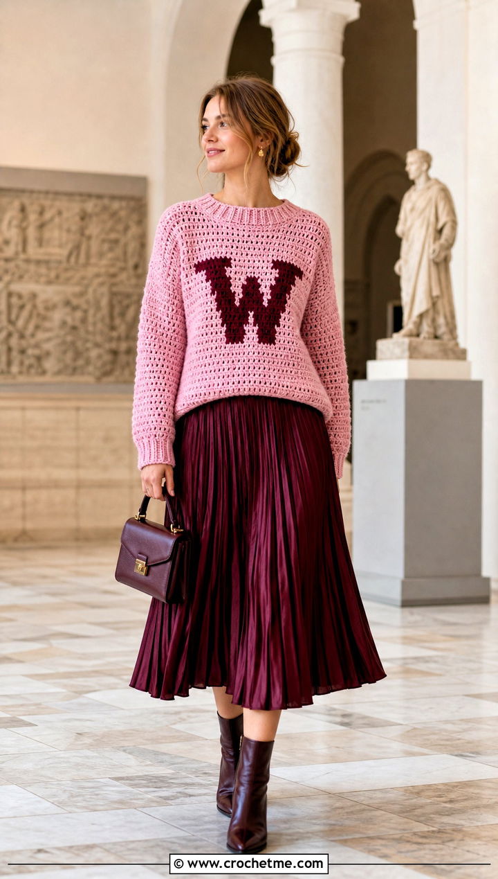 Classic Crochet Weasley Sweater With Pleated Midi Skirt - 35 crochet weasley sweater outfit ideas