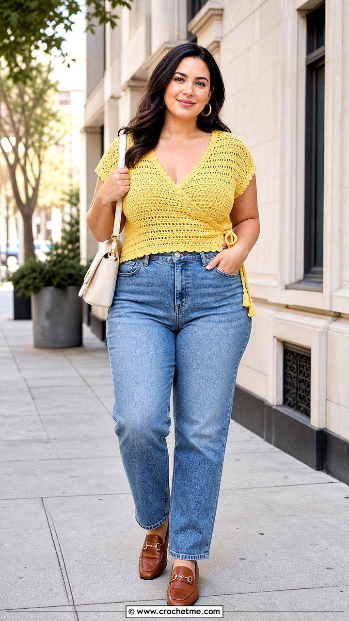 Classic Crochet Wrap Top With Straight Leg Jeans - 35 crochet wrap top outfit ideas