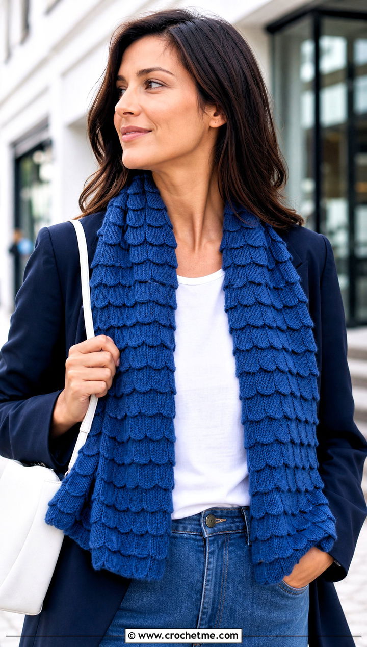 Classic Crocodile Stitch Natsu Scarf With Jeans and Blazer - 15 Crochet Natsu Scarf outfit ideas
