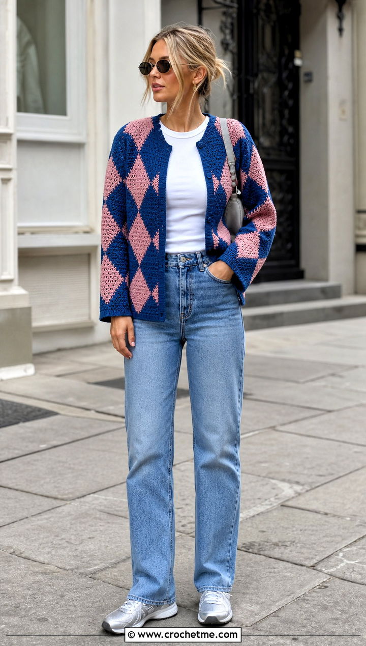 Classic Diamond Howl Crochet Cardigan With Straight Leg Jeans - 25 Howl Crochet Cardigan outfit ideas