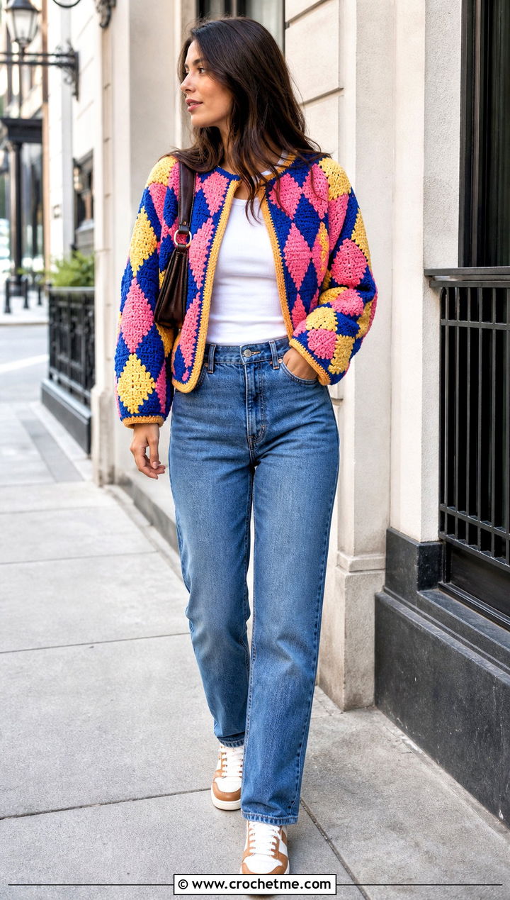 Classic Diamond Howls Crochet Jacket With Straight Jeans - 25 Howl's Crochet Jacket outfit ideas