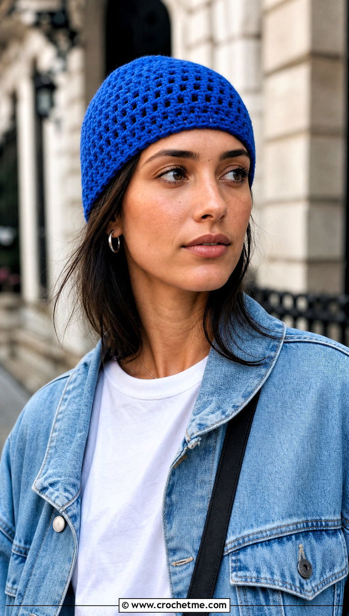 Classic Double Crochet Beanie With Denim Jacket - 15 simple double crochet hat outfit ideas