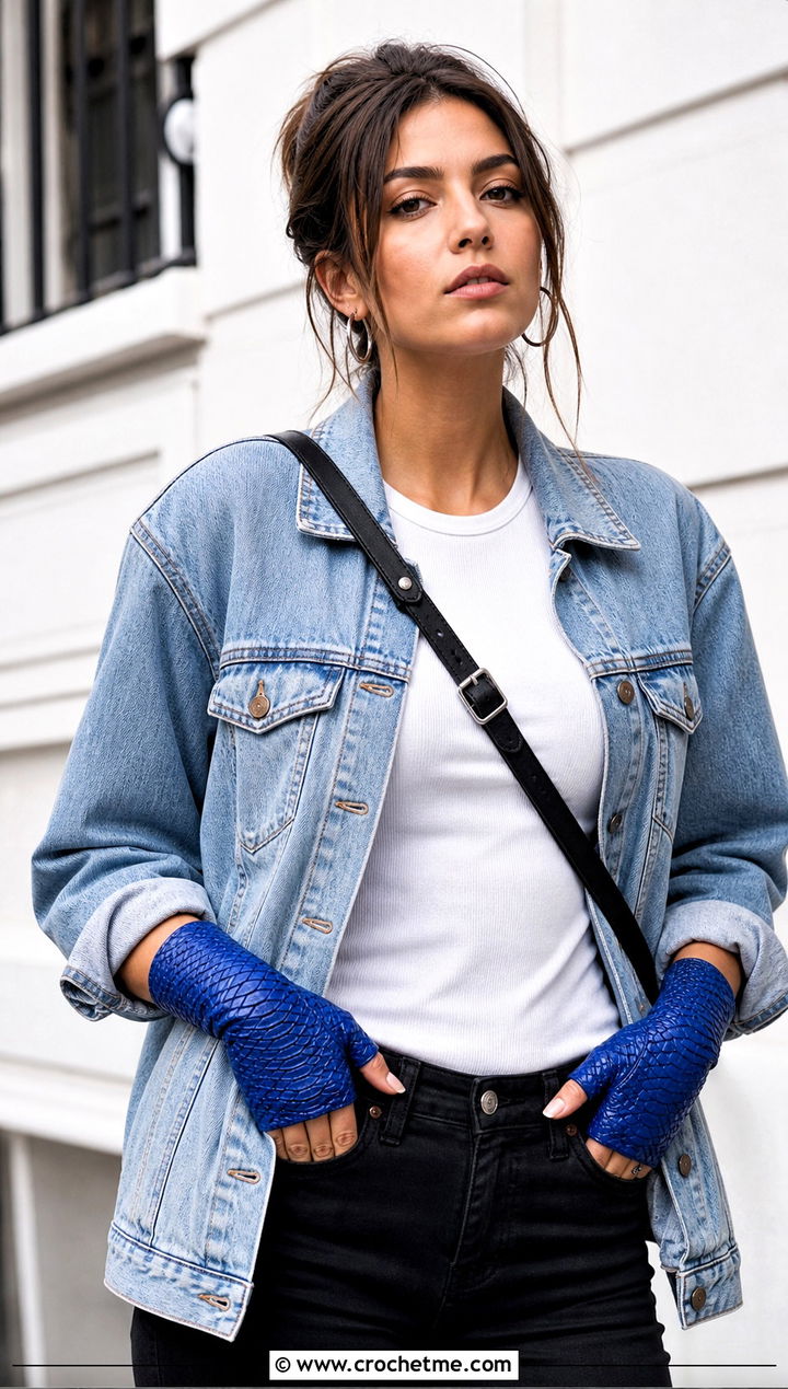 Classic Dragonscale Fingerless Gloves With Denim Jacket - 15 Dragonscale Crochet Gloves outfit ideas