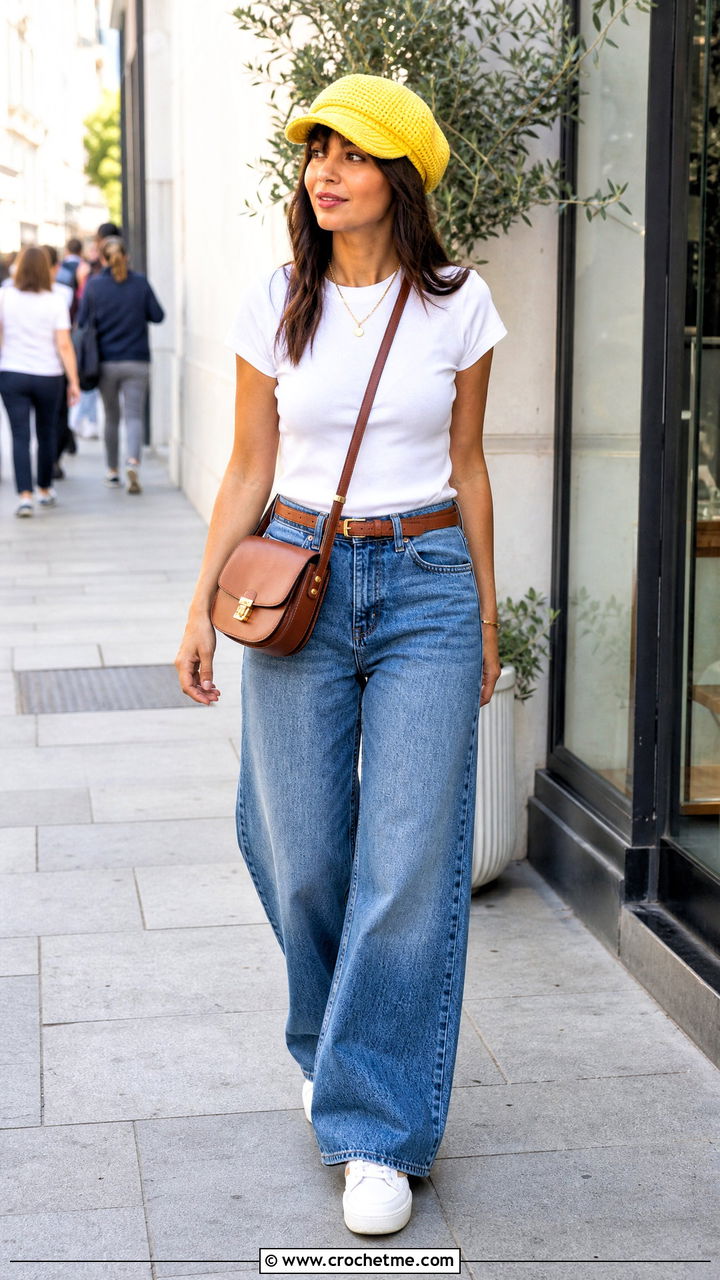 Classic Eight Panel Crochet Newsboy Hat With Wide Leg Jeans - 35 crochet newsboy hat outfit ideas