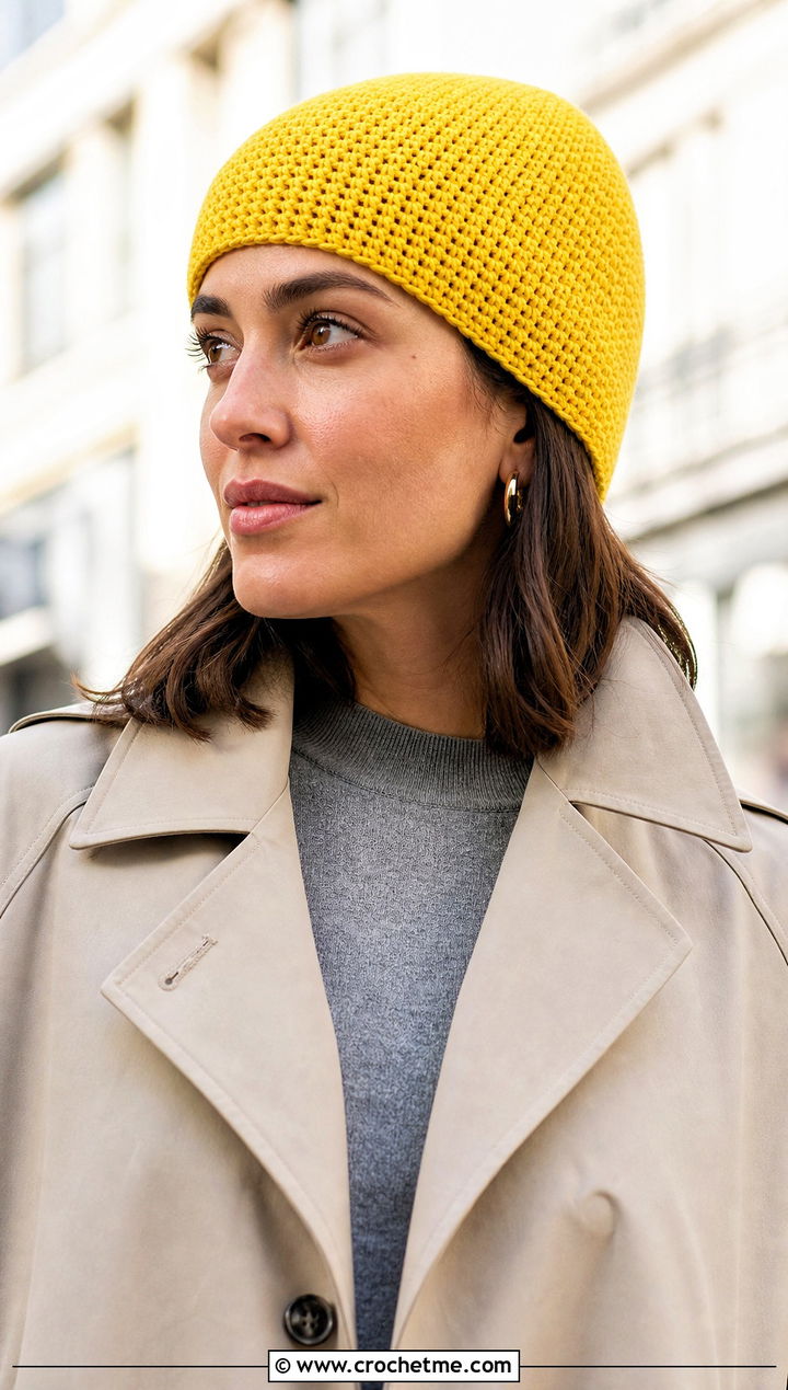 Classic Fitted Single Crochet Beanie With Trench Coat - 15 Sc Crochet Beanie outfit ideas