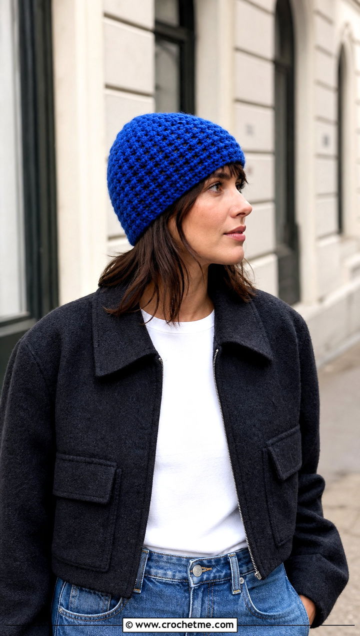 Classic Fitted Waffle Crochet Beanie With Straight Leg Jeans - 20 waffle crochet beanie outfit ideas