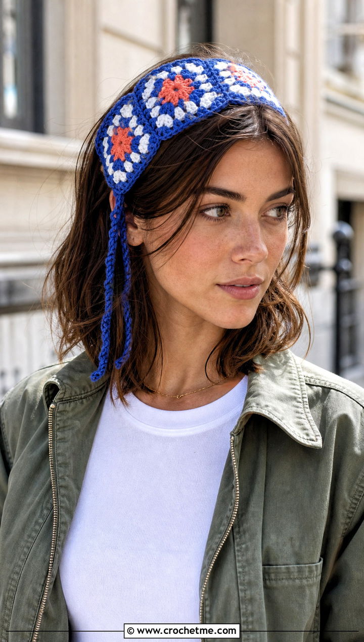 Classic Five Square Granny Square Headband With Jeans - 15 Crochet Granny Square Headband outfit ideas