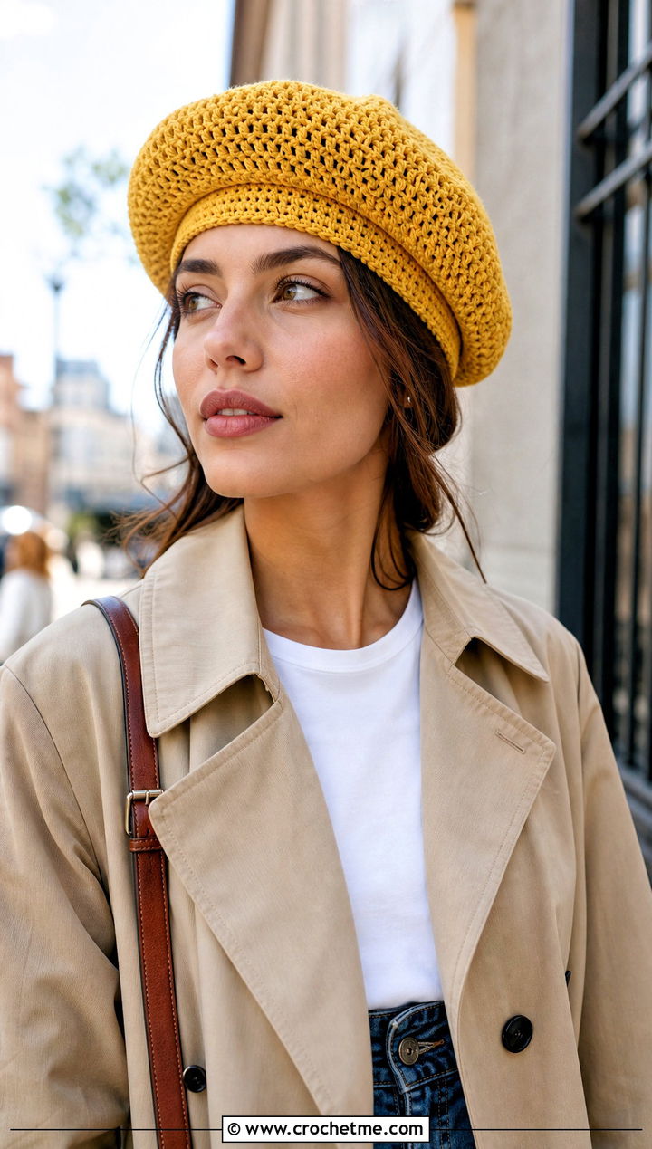 Classic Flat Crochet Beret With Trench Coat And Jeans - 15 Womens Crochet Beret outfit ideas
