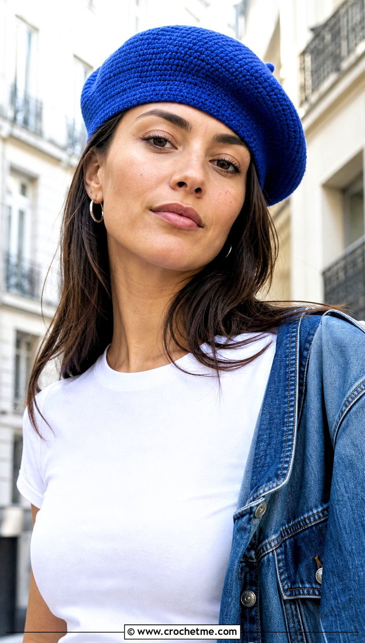 Classic French Crochet Beret With T Shirt And Jeans - 15 simple crochet beret outfit ideas