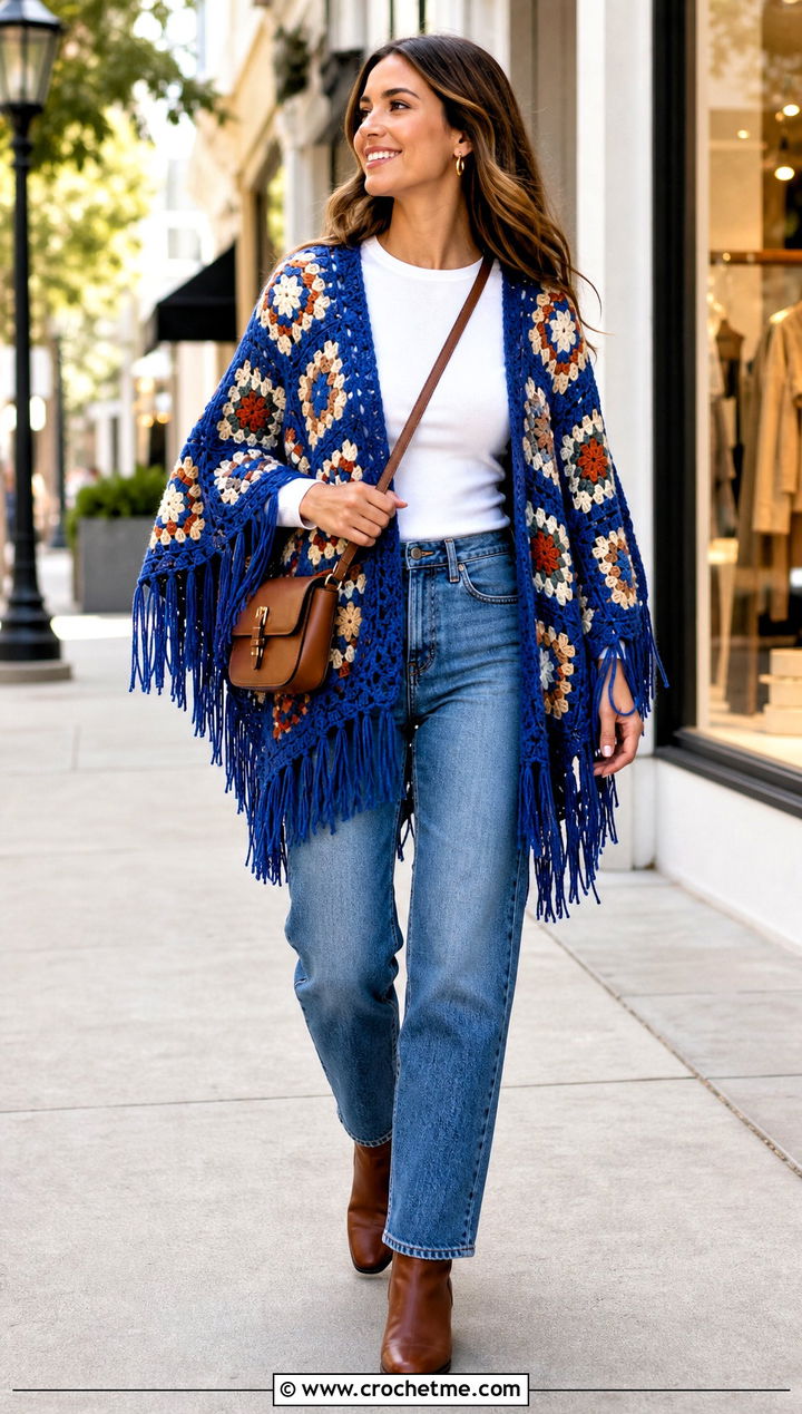 Classic Fringed Granny Square Poncho With Straight Leg Jeans - 15 easy granny square poncho outfit ideas