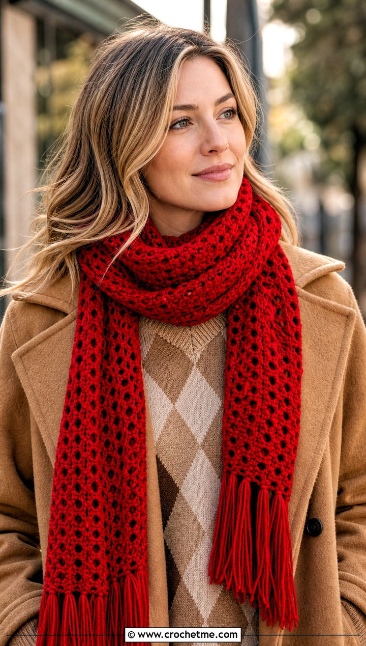 Classic Fringed Red Crochet Scarf With Argyle Sweater - 25 taylor swift red crochet scarf outfit ideas