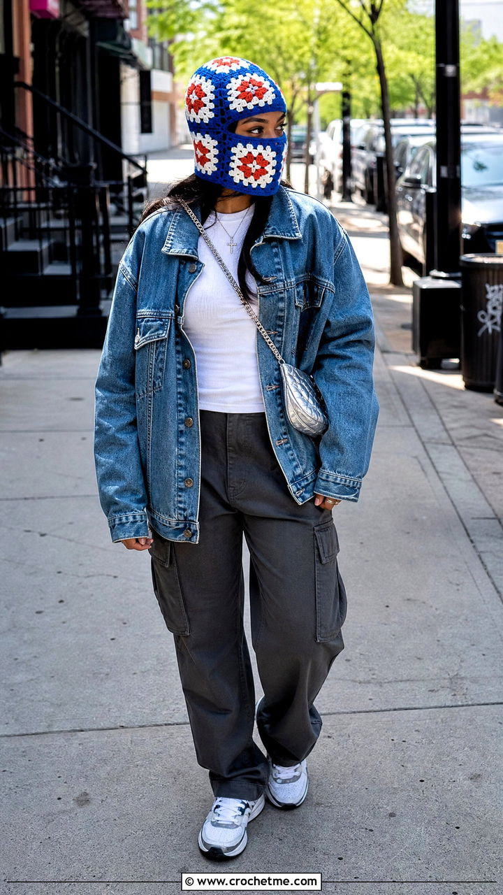 Classic Granny Square Balaclava With Denim Jacket - 35 granny square balaclava outfit ideas