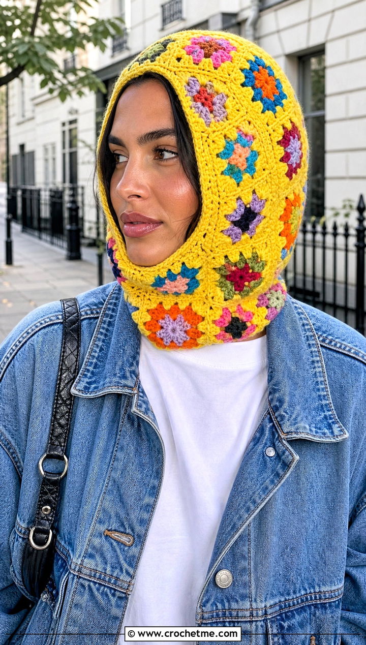 Classic Granny Square Balaclava With Denim Jacket - 30 crochet granny square balaclava outfit ideas