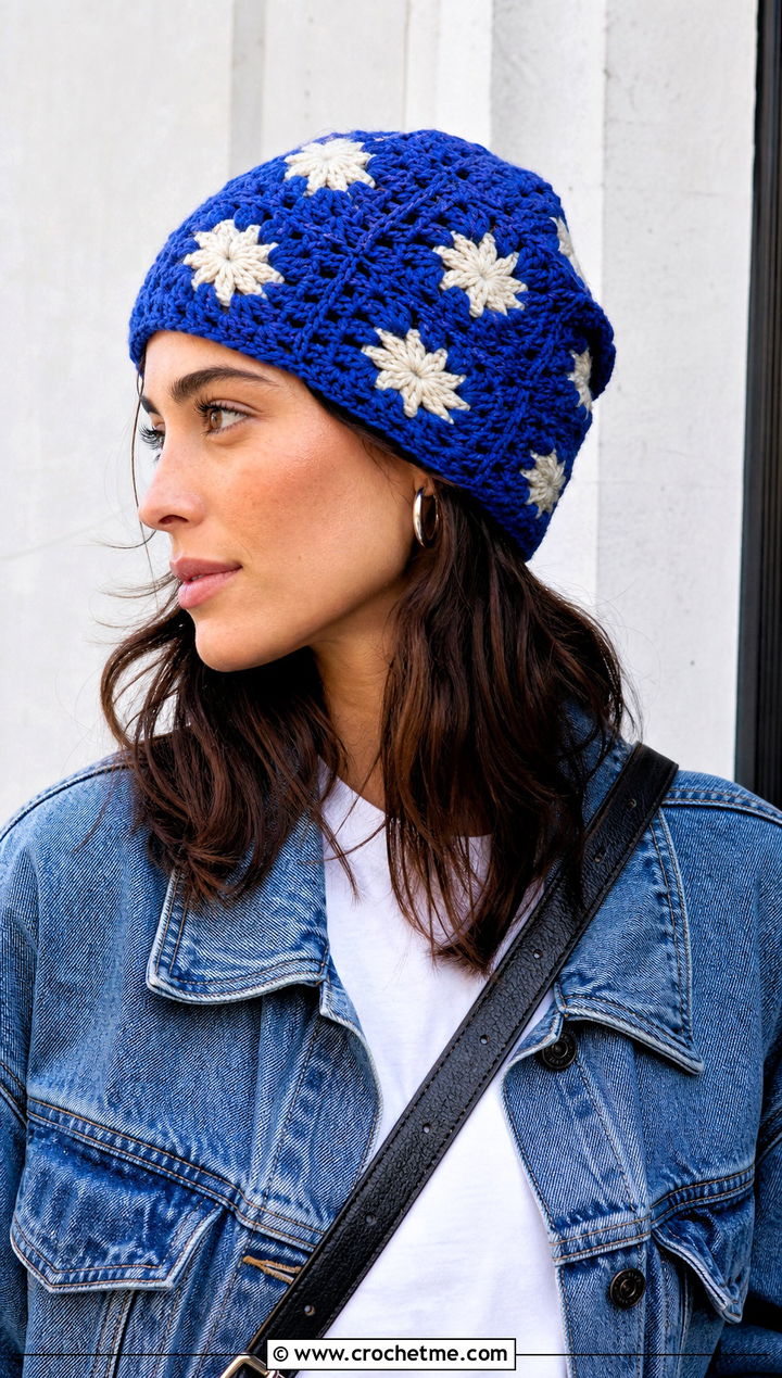 Classic Granny Square Beanie With Denim Jacket - 30 granny square beanie outfit ideas