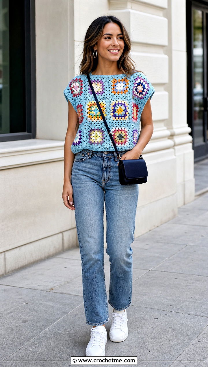 Classic Granny Square Blouse With Straight Leg Jeans - 35 Granny Square Blouse outfit ideas