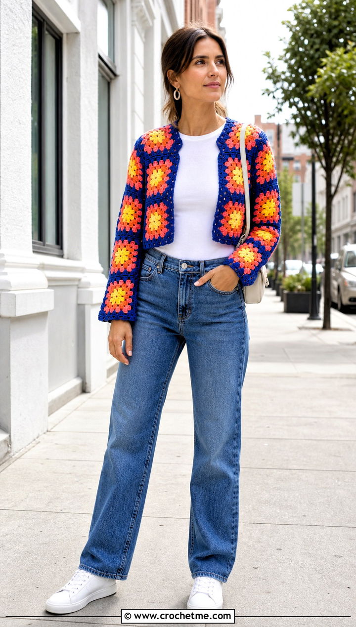 Classic Granny Square Bolero With White Tee And Jeans - 35 granny square bolero outfit ideas