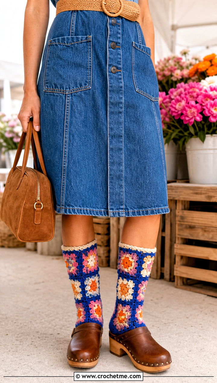 Classic Granny Square Boot Socks With A Denim Dress And Clogs - 35 crochet granny square socks outfit ideas